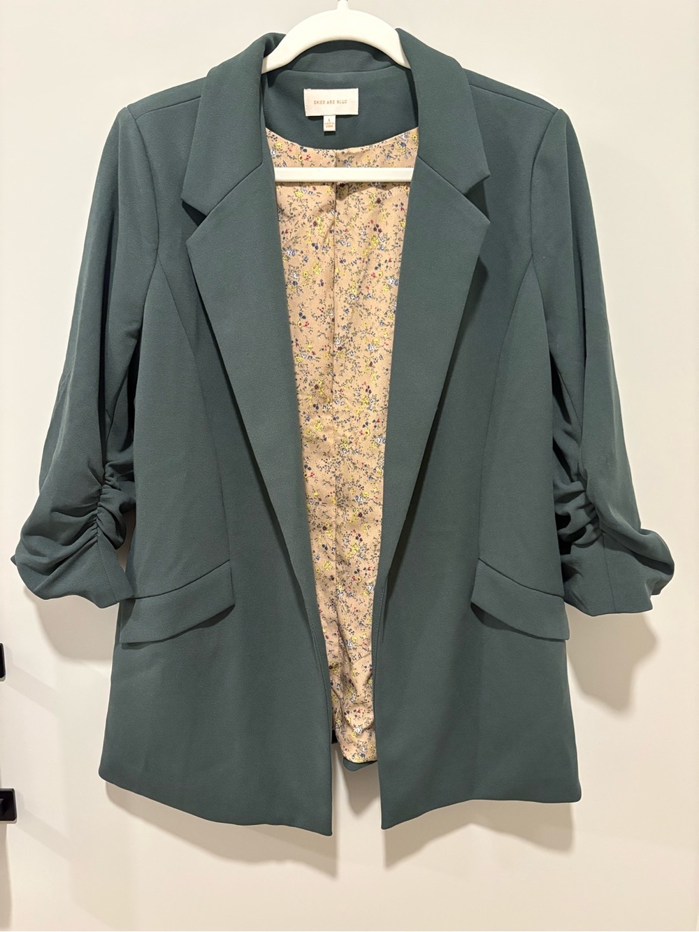 Green Open-Front Ruched-Sleeve Blazer